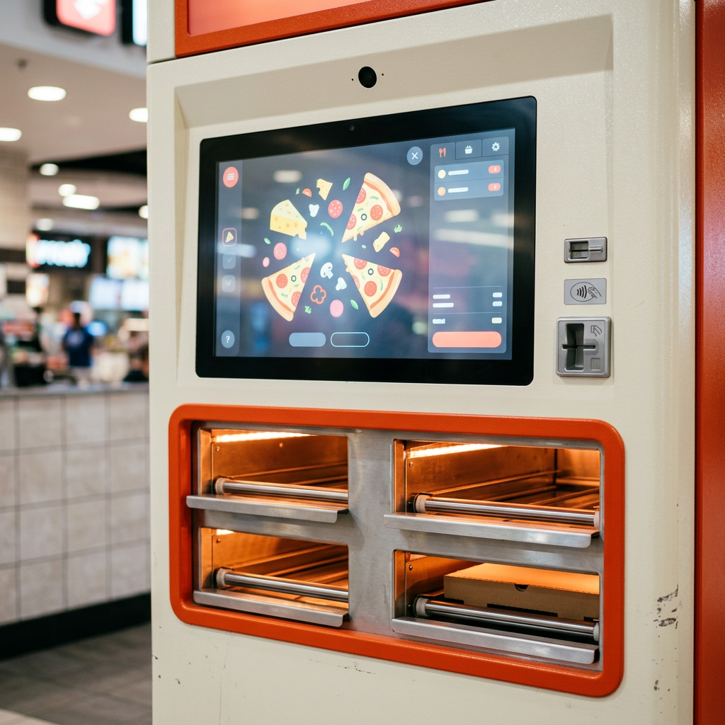 Close-up of the Targa pizza machine touchscreen and warming trays