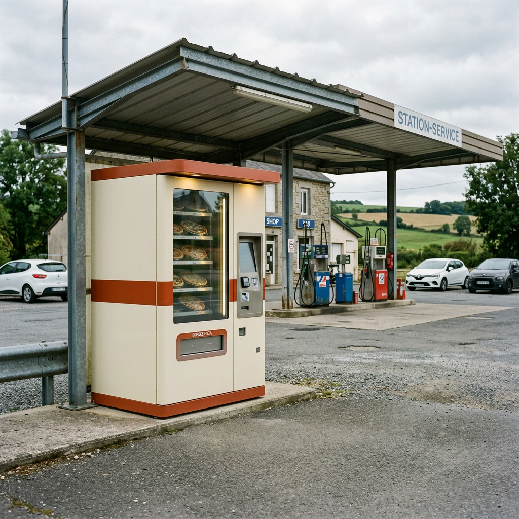 A Targa pizza machine under the canopy of a rural gas station