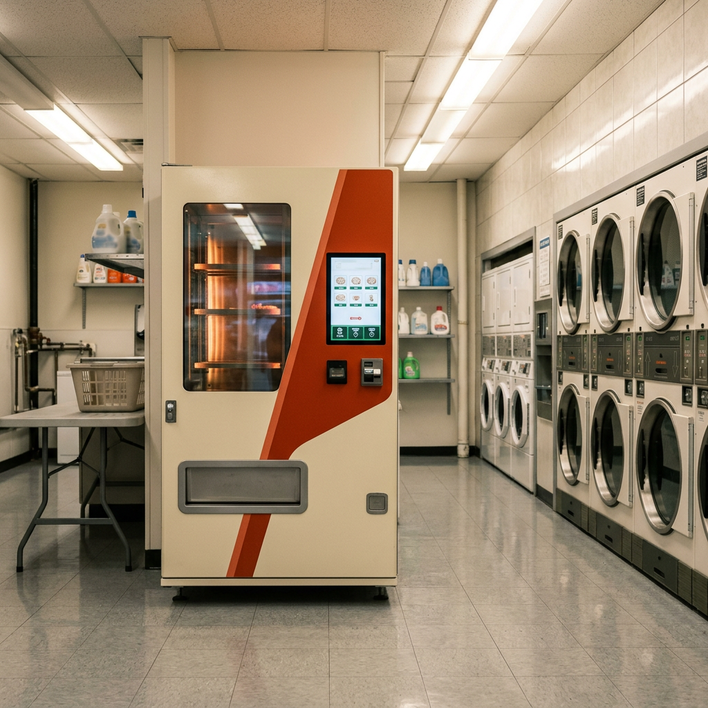 A Targa pizza machine placed inside a laundromat